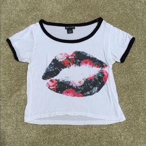 Wet Seal White Crop Shirt with Floral Lips